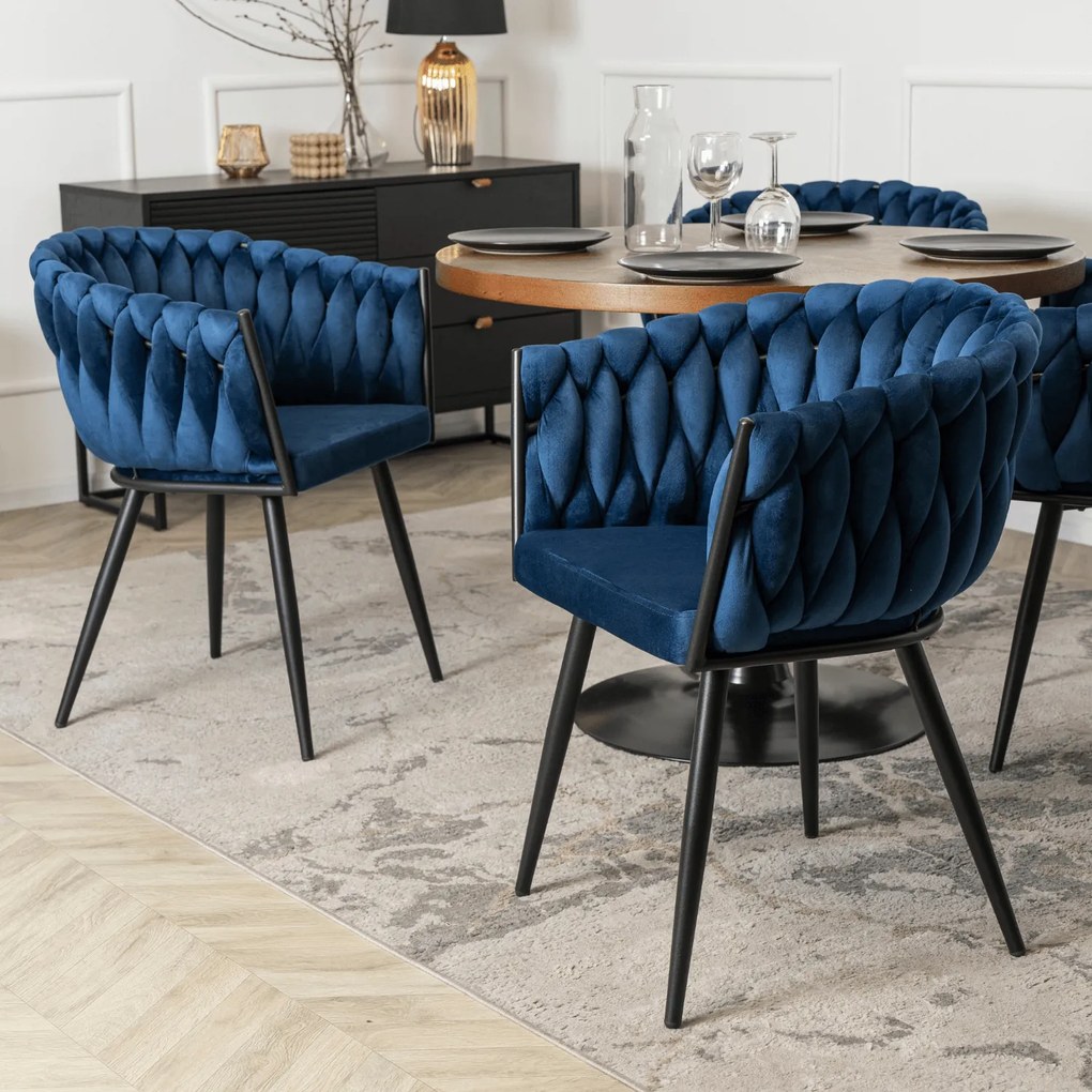 Krzesło Tapicerowane Plecione do Salonu ELENA Granatowe Welurowe Nowoczesne Loft