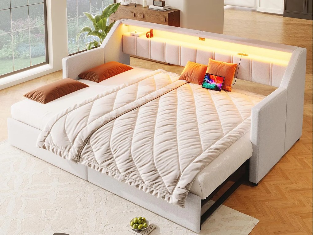 Sofa z funkcją spania 90x200cm - z USB + Type-C - z oświetleniem LED - z 2 szufladami - beżowa (bez materaca)