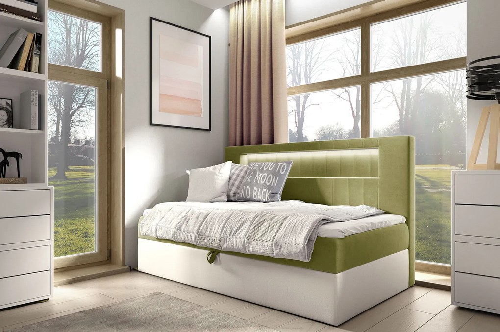 Oliwkowe tapicerowane łóżko z pojemnikiem 3 rozmiary A9-P36