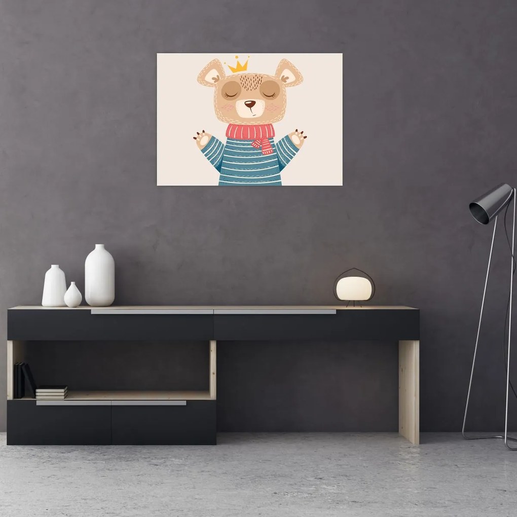 Obraz na szkle - Beżowy miś z koroną (70x50 cm)