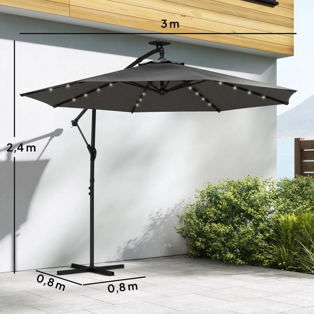 Outsunny Parasol ogrodowy LED Solar Ø300 cm, obrotowy z korbą, stojakiem i pokrowcem, ciemnoszary | Aosom PL