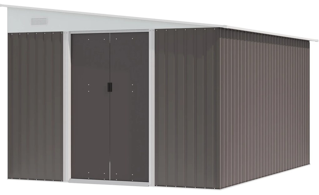 Outsunny Metalowa szopa ogrodowa z pochyłym dachem Przesuwne drzwi Zabezpieczenie narzędzi Szary 28x345x201cm | Aosom PL