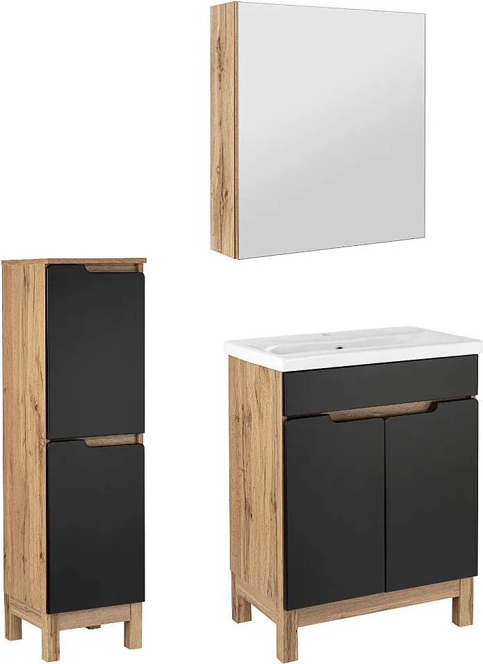 Zestaw Łazienkowy 60cm 2D Alma Półsłupek Szafka z Lustrem Dąb Wotan / Czarny Mat