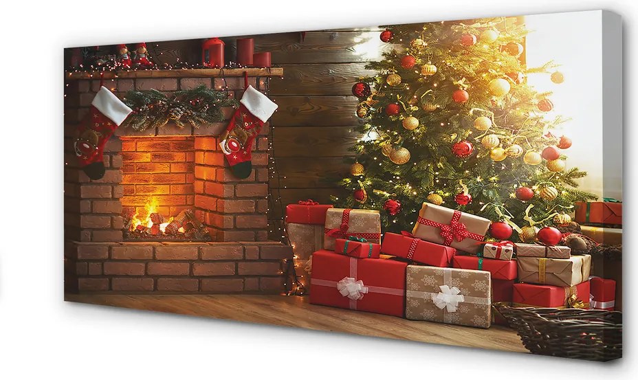 Obraz drukowany na płótnie Świąteczny Kominek z Choinką i Prezentami
