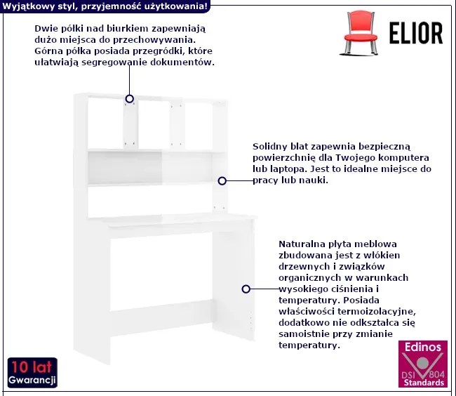 Białe biurko z półkami nad blatem połysk Horta