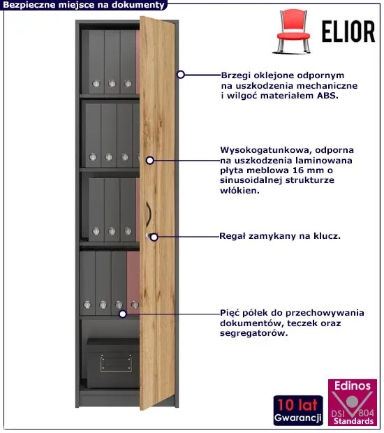 Wąski regał biurowy na klucz antracyt + dąb wotan - Labo