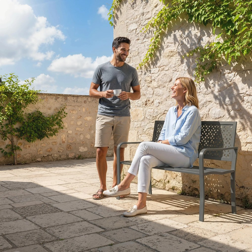 Outsunny Ławka ogrodowa 2-osobowa Metalowa odporna na warunki atmosferyczne Ławka zewnętrzna z odpornym na rdzę oparciem, geometryczna do 240 kg | Aosom PL