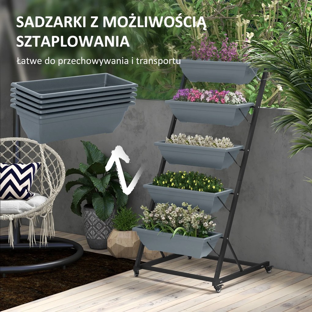 Outsunny kwietnik ogrodowy składany na kwiaty z donicami odporny na warunki atmosferyczne szary czarny | Aosom PL