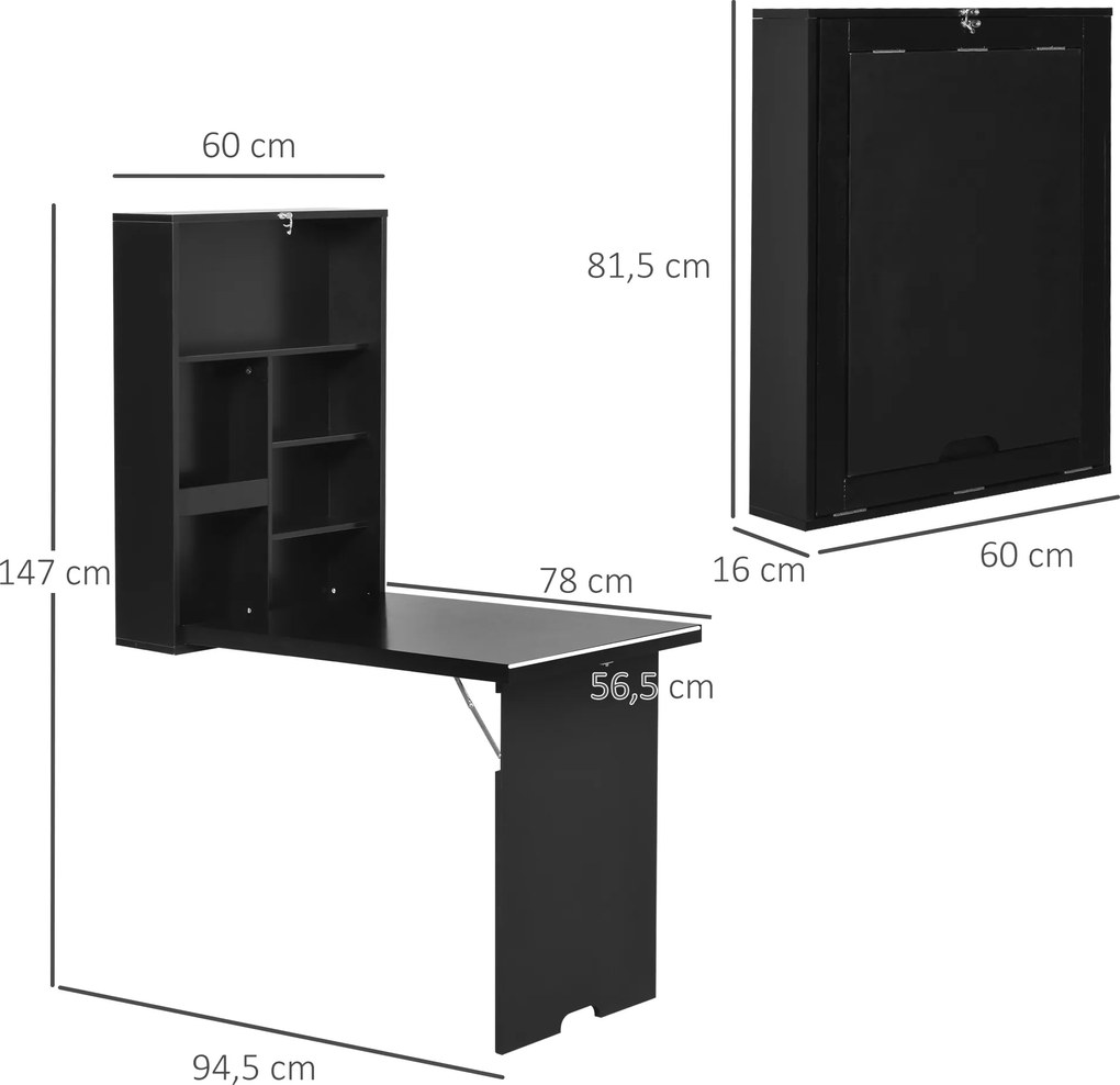 HOMCOM Stół ścianowy z tablicą, składany biurko komputerowe do biura, czarny, 60 x 94,5 x 147 cm