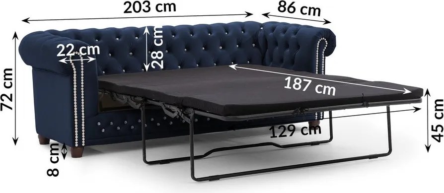 Niebieska aksamitna rozkładana sofa 203 cm York Blik – Ropez