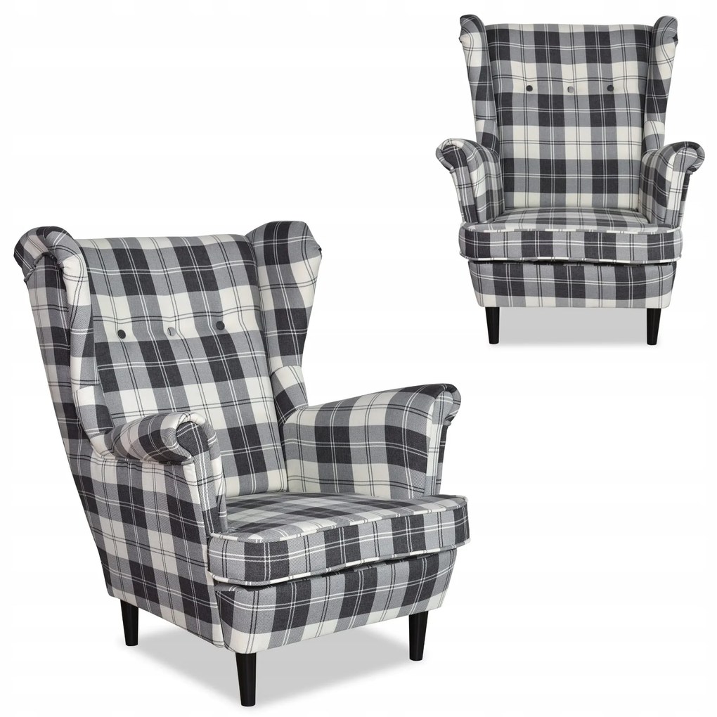 Fotel uszak Winston skandynawski Family Meble krata granatowo - biała - DOSTĘPNY OD RĘKI