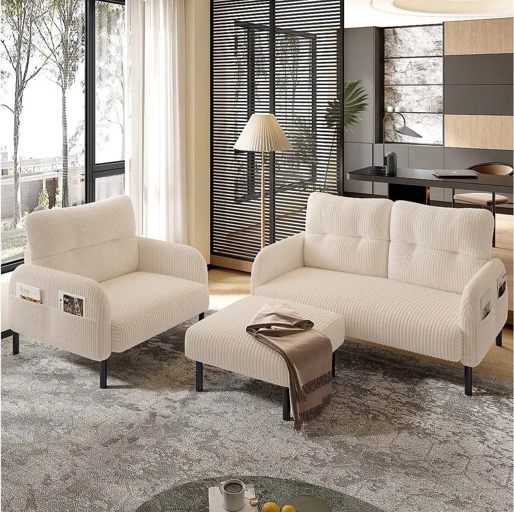 Zestaw wypoczynkowy 3-osobowy - 120 x 75 x 79 cm - z podnóżkiem + sofa 2-osobowa + fotel - Velvet - beżowy