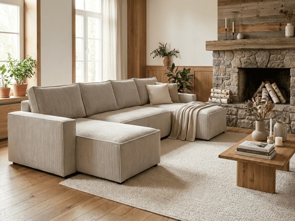 PROMOCJA Jasnobeżowy zestaw wypoczynkowy w kształcie U SMART COSARO 295x140 cm II jakość