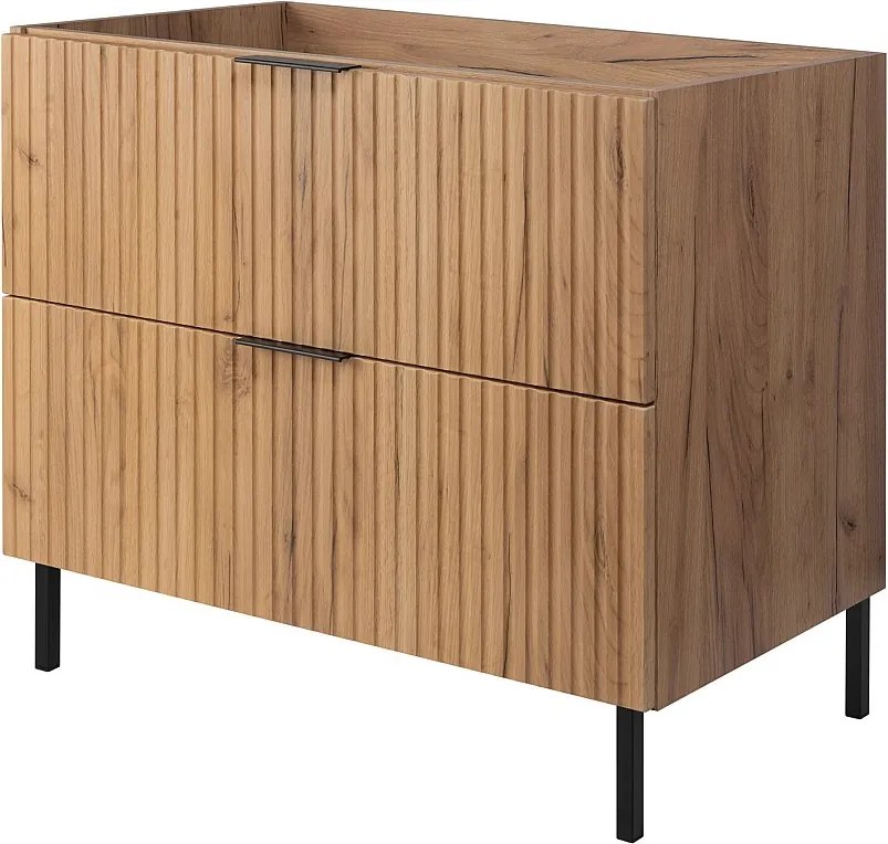 Szafka pod umywalkę, Dąb Craft + czarny uchwyt, 80 x 77 x 46 cm, nogi czarne, bez blatu