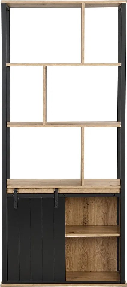 Biblioteczka z półkami i 1 przesuwnymi drzwiczkami z MDF i stali - Naturalny i Czarny - YALENA