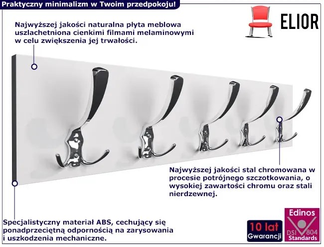 Minimalistyczny Wieszak Ścienny Biel Alpejska + Chrom B0-L99