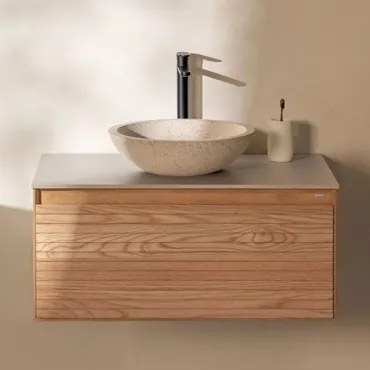 Zestaw Wiszących Mebli Łazienkowych Z Drewna Jesionowego Tedrik Popielaty Brąz & Cement Okrągły Biały - Sklum