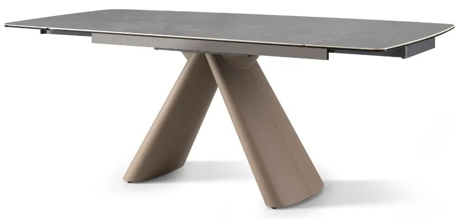 Elegancki stół z szarym ceramicznym blatem na hartowanym szkle. Rozmiary 160 (240) x 90 cm. Metalowa podstawa ze stali szczotkowanej nadaje mu nowoczesny charakter i wyjątkową trwałość.