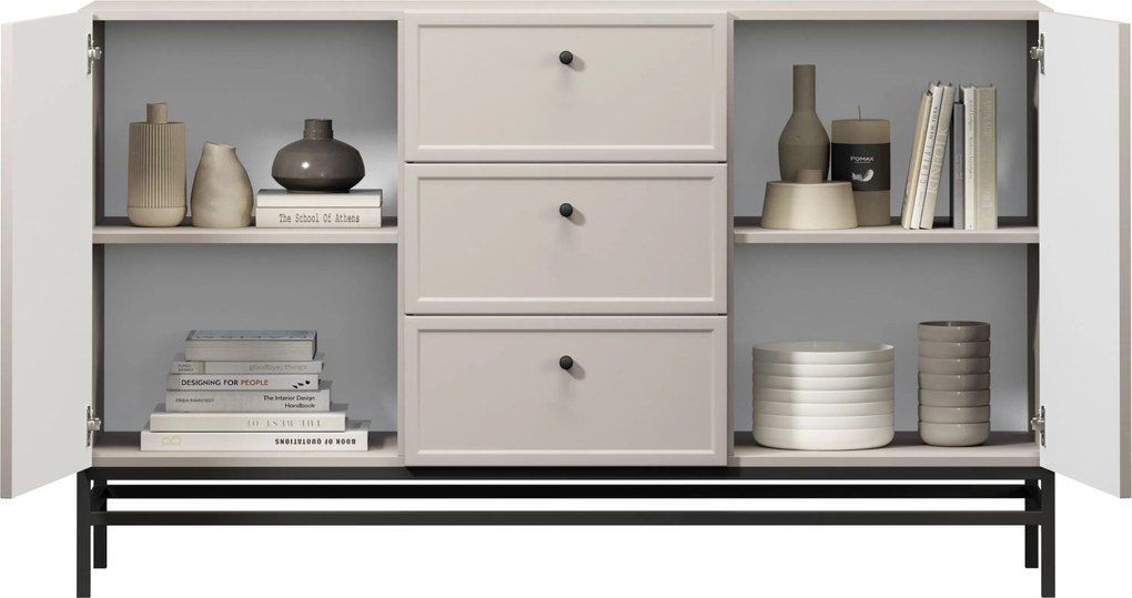 Komoda Lorini 150 cm z szufladami - kaszmir / czarne uchwyty / stelaż