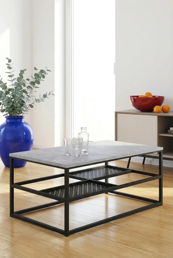 Prostokątna ława z półkami beton + czarny P4-M92