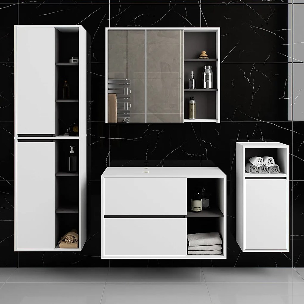 Zestaw mebli łazienkowych wiszących z otworami AKORD VAMI Biały, Grafit Szary 5 drzwi 21 półek 2 szuflady