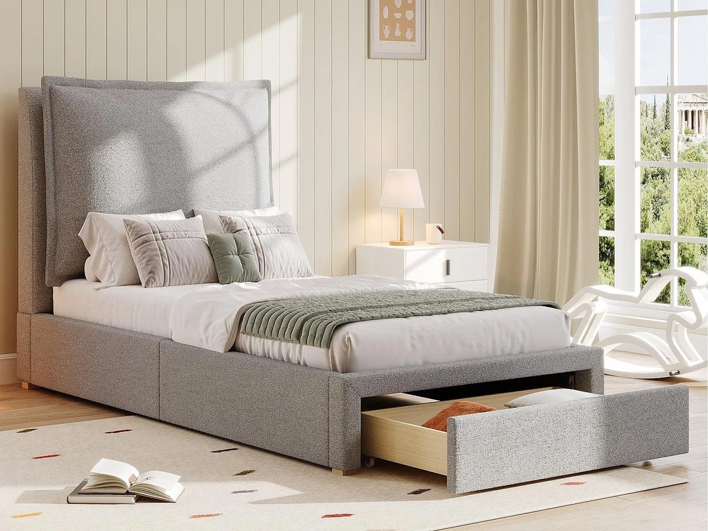 Łóżko dziecięce 90x200cm - wyściełany zagłówek - z 1 szufladą - Tkanina z weluru - Szary​ (materac nie jest wliczony w cenę)