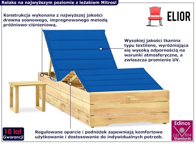 Ciemnoniebieska leżanka ogrodowa z poduszką i stolikiem - Mitros