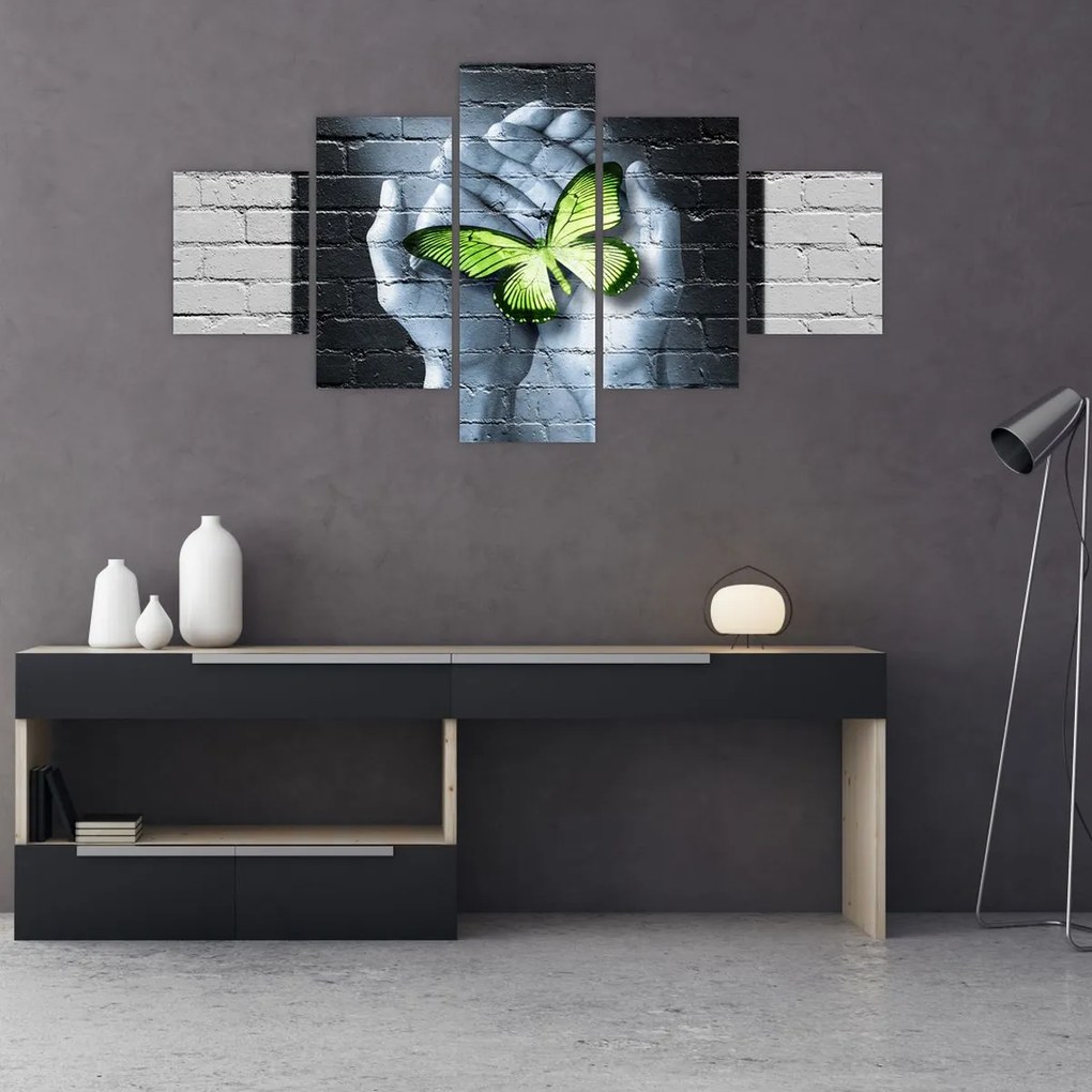 Obraz - Zielony motyl w ścianie (125x70 cm)