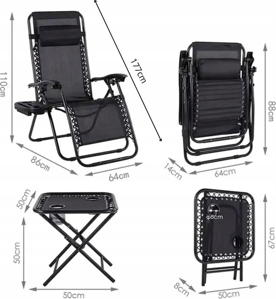 Zestaw 2 leżaków ogrodowych ze stolikiem Malibu TDC2503, kolor czarny