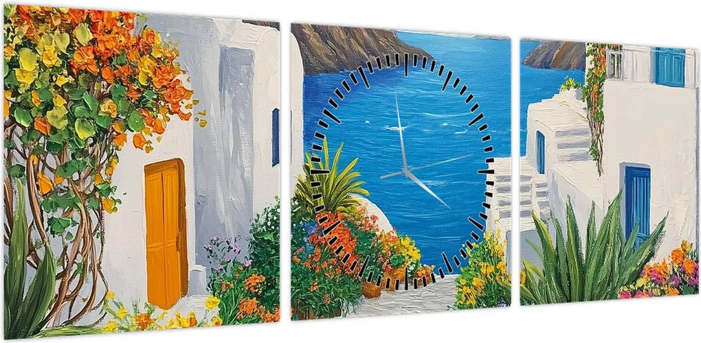 Obraz - Grecka uliczka (z zegarem) (90x30 cm)