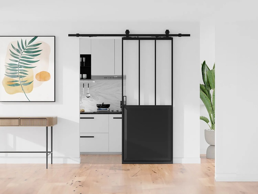 Drzwi przesuwne industrialne naścienne - Czarny i szkło hartowane - wys. 205 cm x szer. 73 cm - ARTISTO II