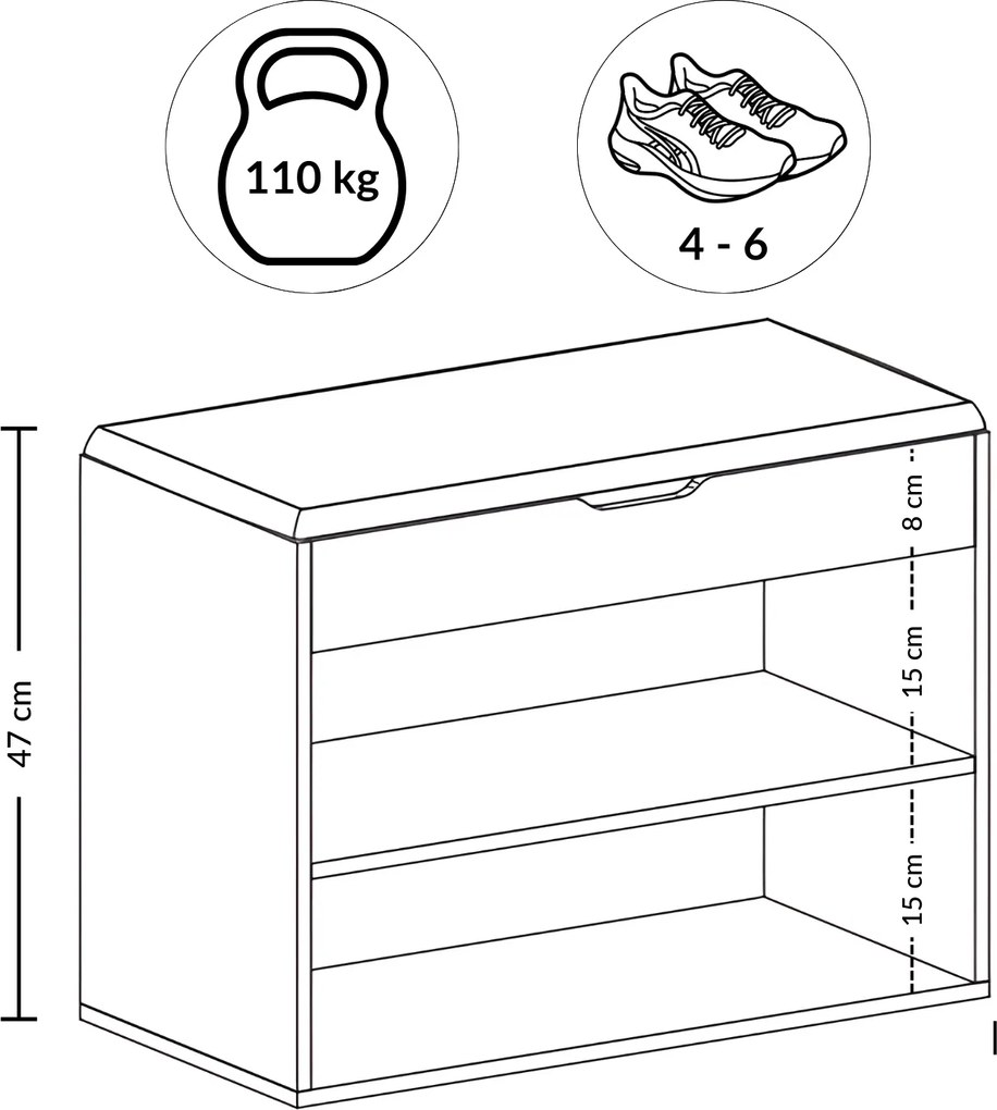 Szafka na buty z siedziskiem LEVA, 60 x 30 x 47 cm