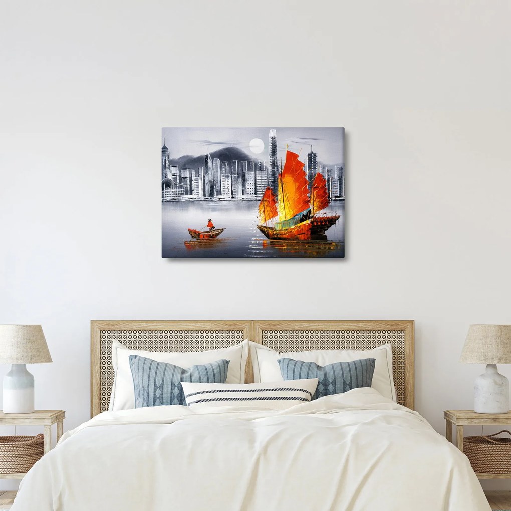Obraz - Victoria Harbor, Hongkong, czarno-biały obraz olejny (70x50 cm)
