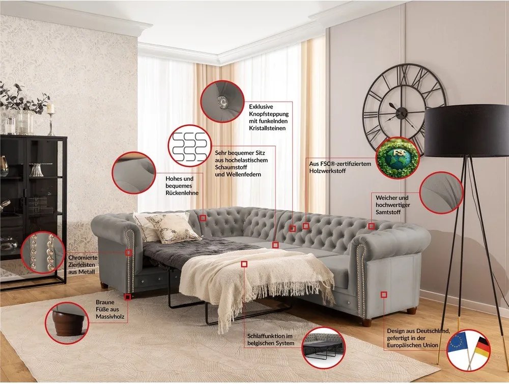 Szary aksamitny rozkładany narożnik (lewostronny/w kształcie litery L) York Blik – Ropez