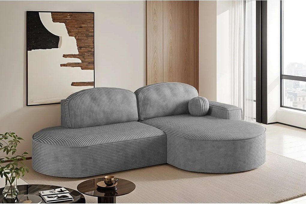 Narożnik z funkcją spania i pojemnikiem Modena Runden, tkanina Poso, Srebrny, Prawy