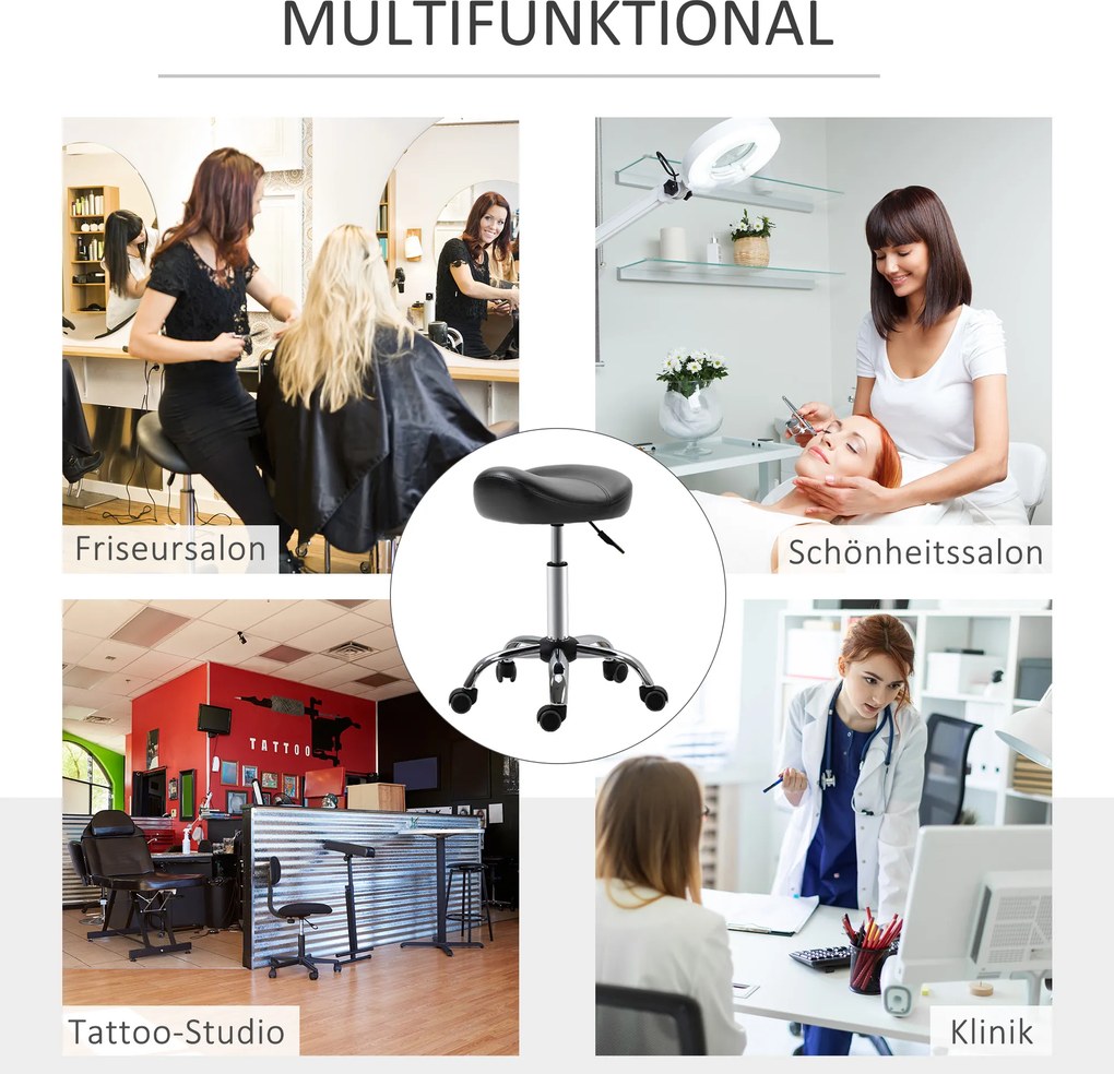 HOMCOM Taboret Salonowy z Siedziskiem Siodłowym, Regulowany, Ekoskóra, 48x48x54-69cm, Czarny