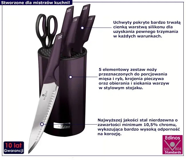 Fioletowy komplet 5 noży i nożyczek w stojaku M5-C42
