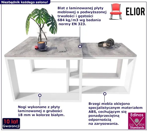Kwadratowy Zestaw Stolików Kawowych Beton + Biały L7-B73
