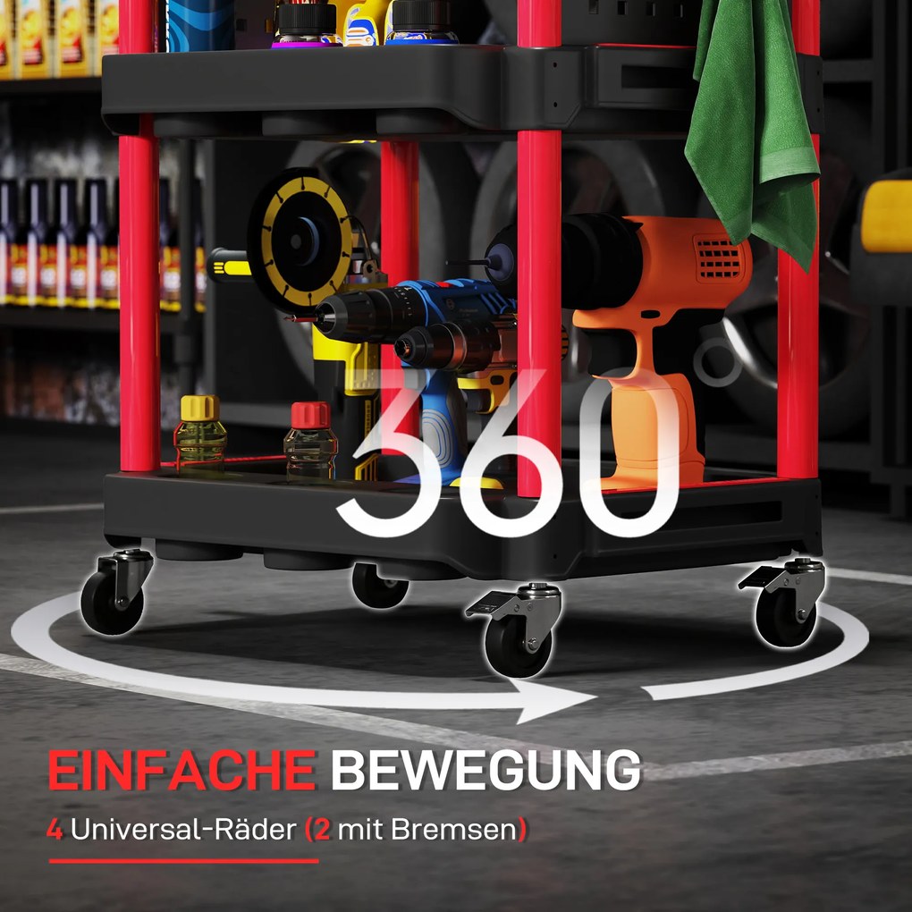 HOMCOM Wózek narzędziowy, trzy poziomy półek, 4 koła, plastik, 10 haków, Czerwony