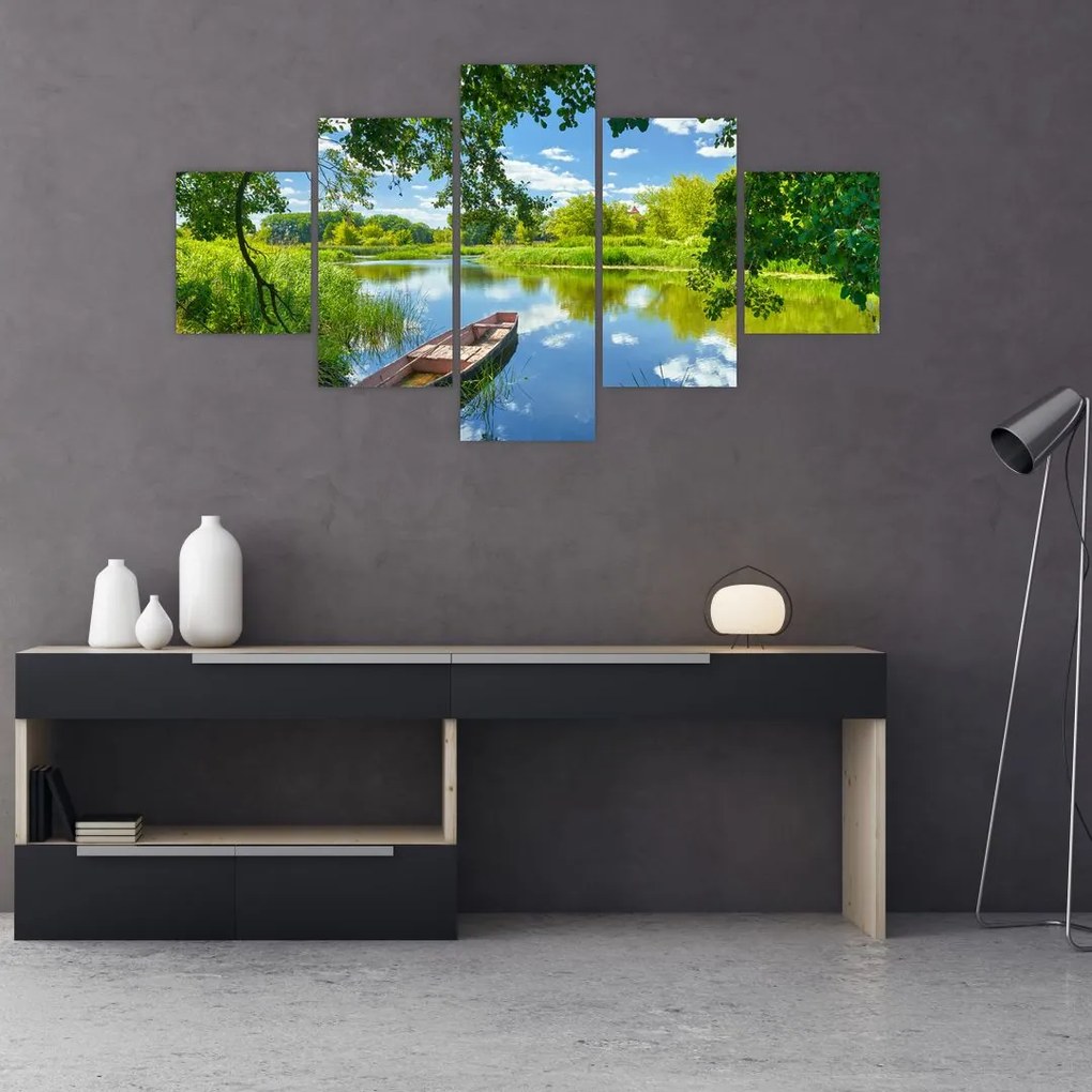 Obraz letniej rzeki z łodzią (125x70 cm)
