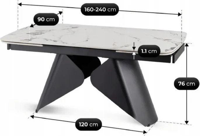 Stół Rozkładany Prostokątny VERONA 160-240 cm Ceramiczny Biały Marmur/Czarny Nowoczesny