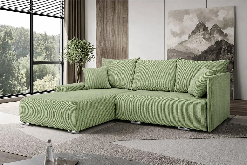 Narożnik, Sofa w kształcie L, tkanina sztruksowa Poso, Jasnozielony, Lewy, Livorno L