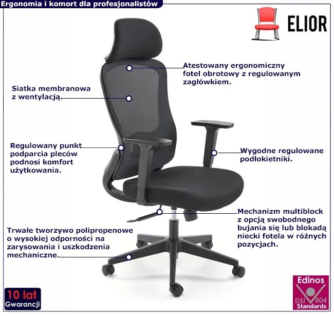 Czarny ergonomiczny obrotowy fotel z funkcją multiblock i z zagłówkiem - Tungo