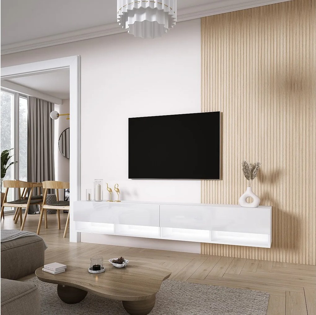 Szafka pod telewizor 200 (2 x 100) cm Biały Mat / Biały Połysk, LED biały, 200 × 32 × 34 cm