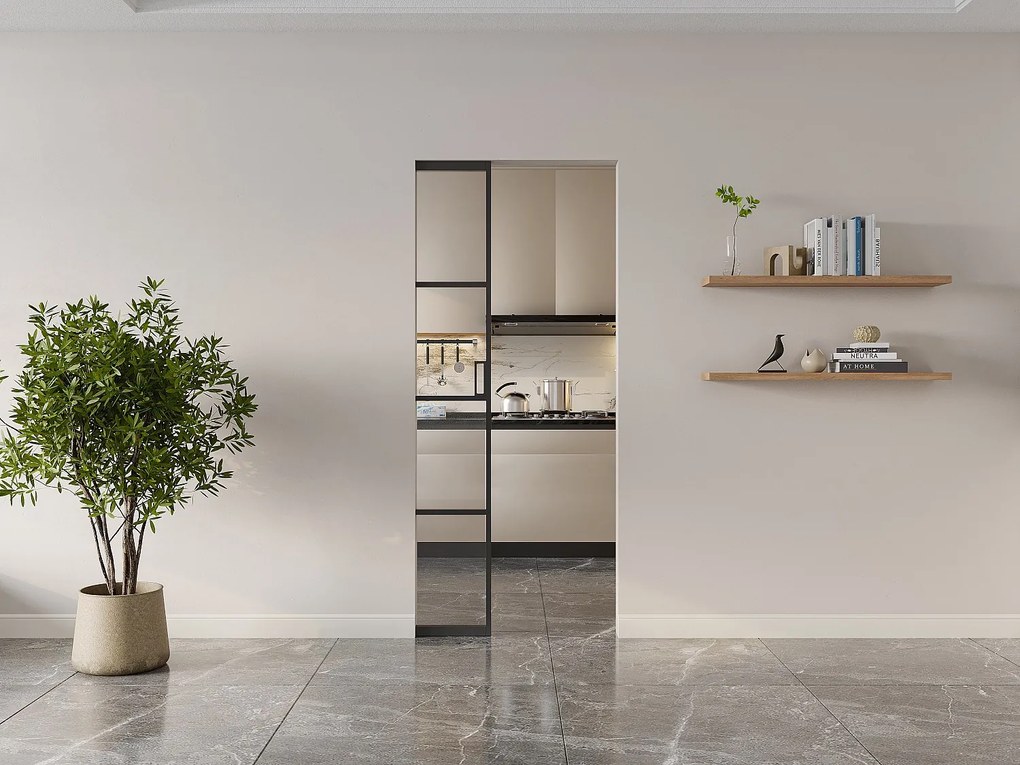 Drzwi przesuwne chowane w ścianie - aluminium i przezroczyste szkło hartowane - wys. 205 x szer. 73 cm - SINCA II