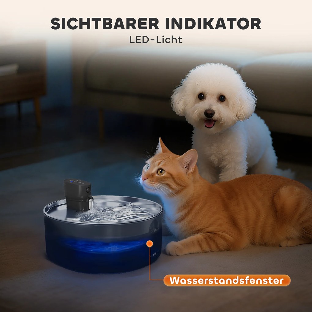 PawHut Fontanna dla Kotów 7L z Cichą Pompą LED, Filtrem z Aktywnym Węglem, Nierdzewna Stal, Łatwa w Czyszczeniu, 30,6 x 30,6 x 17,2 cm