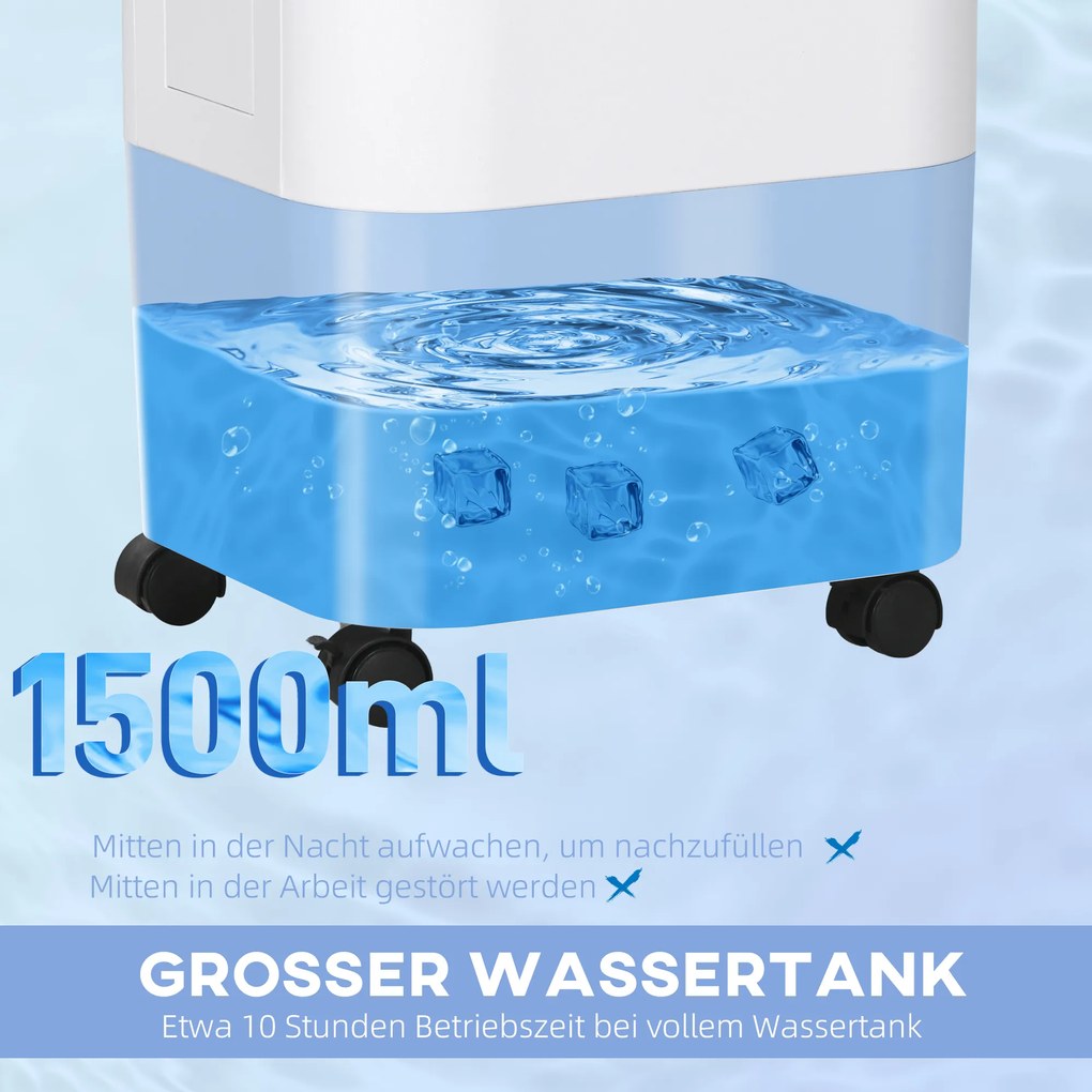 HOMCOM Chłodziarka powietrza, Klimatyzacja, 3 tryby, Timer 7,5 godz., na kółkach, Plastik, Biała