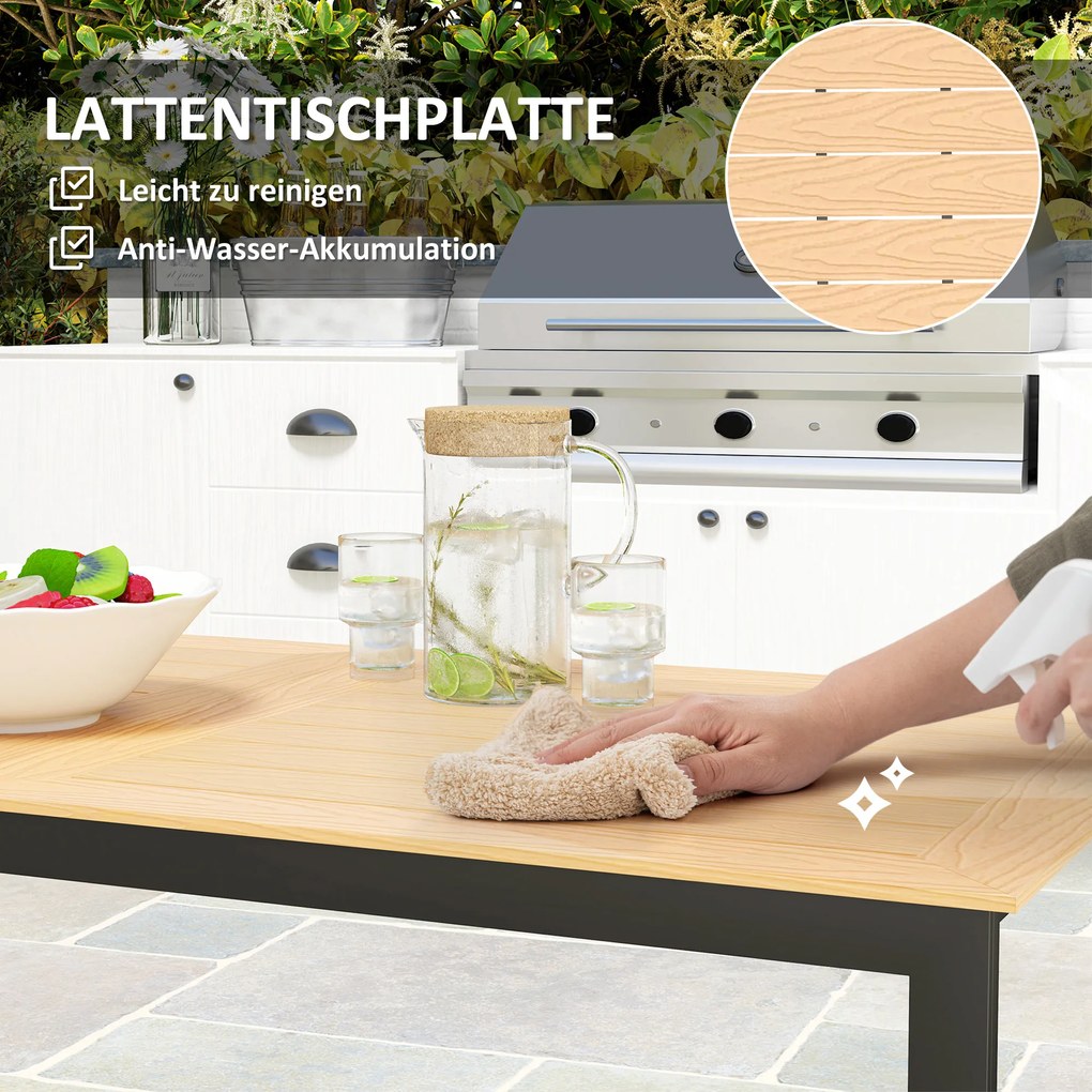 Outsunny Stół Ogrodowy dla 6 Osób 160 x 80 cm, Odporny na Warunki Atmosferyczne, z Blatem z Lamelami, Stół zewnętrzny w Odcieniu Teak