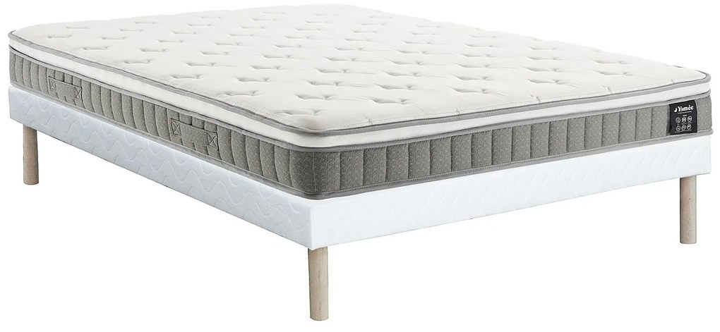 Zestaw 140 x 190 cm: tapicerowany stelaż + materac ze sprężynami kieszeniowymi i warstwą pianki z pamięcią kształtu, grubość 21 cm – VITOGO od YSMÉE