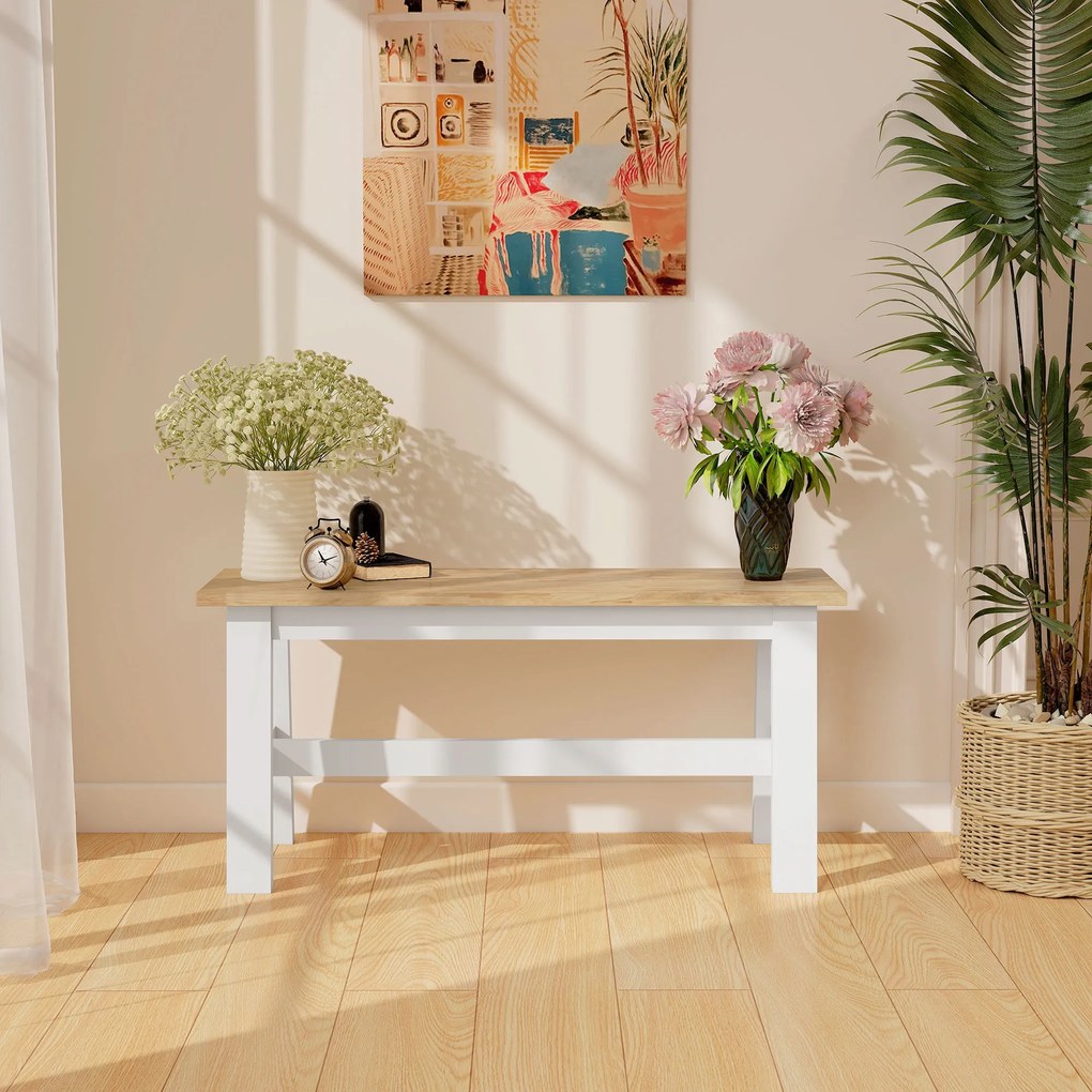 HOMCOM Ławka dla 2, drewniana w dębowym wyglądzie, stabilizująca poprzeczka, do salonu, jadalni, korytarza, drewno kauczukowe, Biała